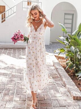Women’s Cream Floral V-Neck Maxi Dress
